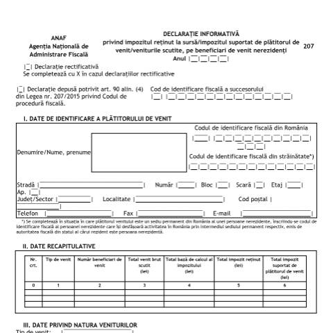 Document preview: Declarație informativă privind impozitul reținut la sursă/veniturile scutite, pe beneficiari de venit nerezidenți (OPANAF 179/2022, cu modificările și completările ulterioare) — Declarații informative, România (CERFA n°D_207_OPANAF_303_2026)